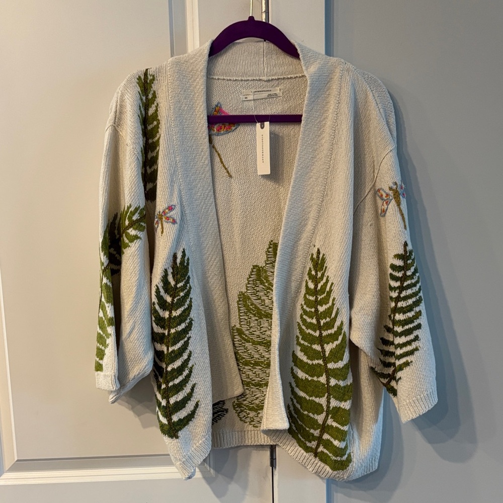 Anthropologie Cream Cardigan with Green Fern Motif